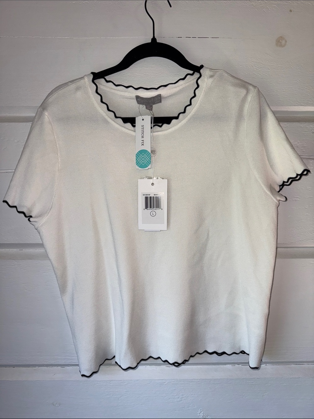 EVOLUTION White Scallop-Edge Short Sleeve Top with Black Trim